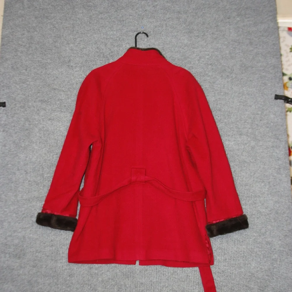 Vintage‎ Jonathan Michael Coat Women 48 Red Wool Blend Faux Fur Trim Belted Zip